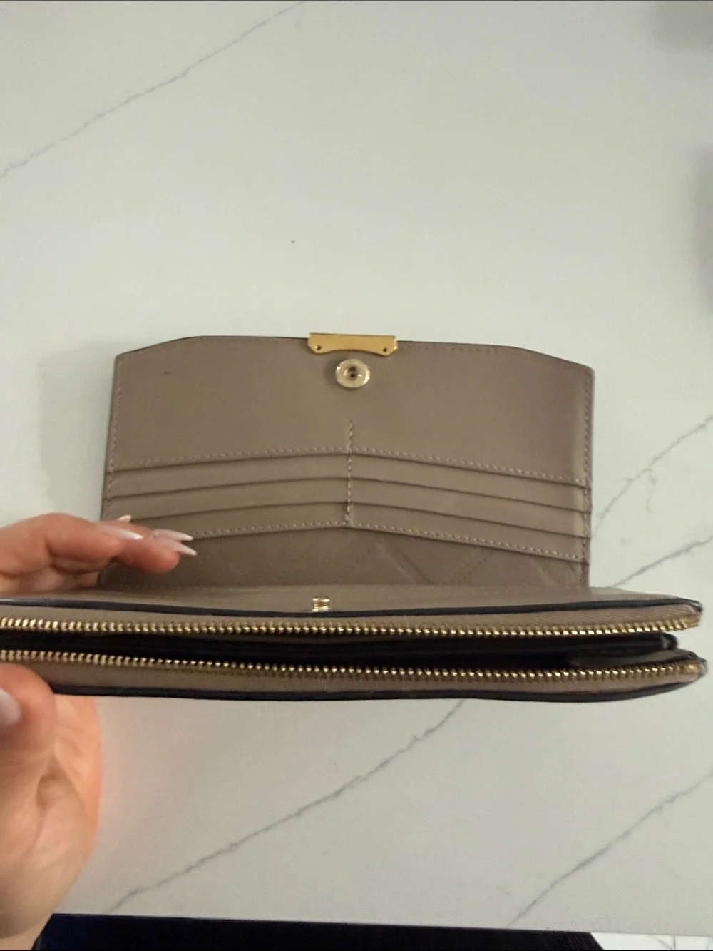 Burberry Taupe Leather Zip Continental Wallet with Gold Plaque
